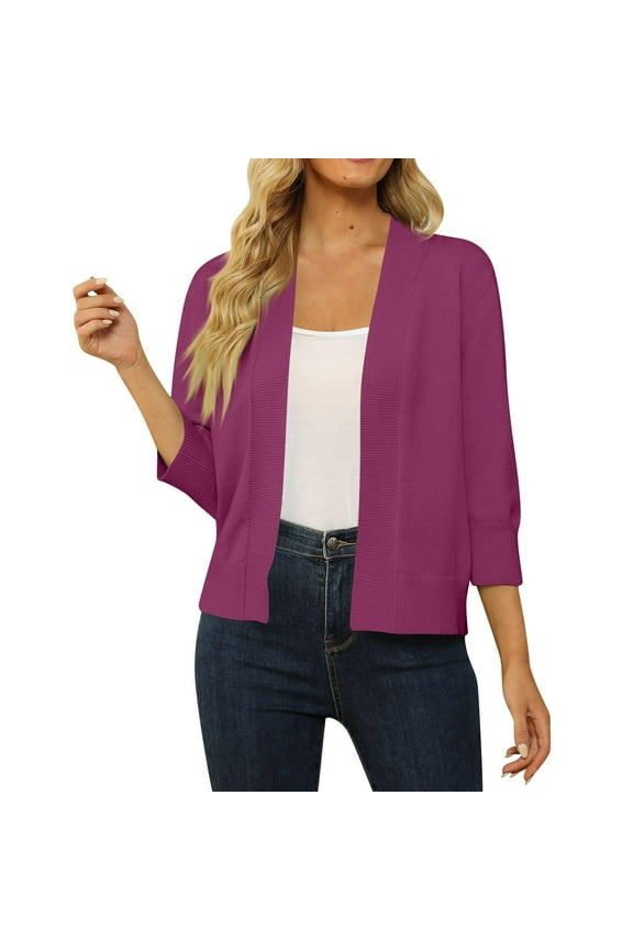 Women's 3/4 Sleeve Cropped Cardigan Sweater Open Front Short Shrugs Cardigans Lightweight Sweaters Purple L