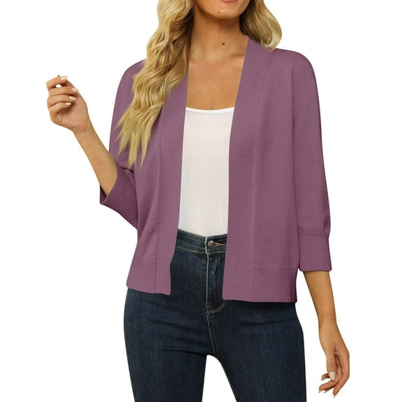 Mohiass Women's 3/4 Sleeve Cropped Cardigan Open Front Short Shrugs Cardigans Lightweight Sweaters Purple Pink L