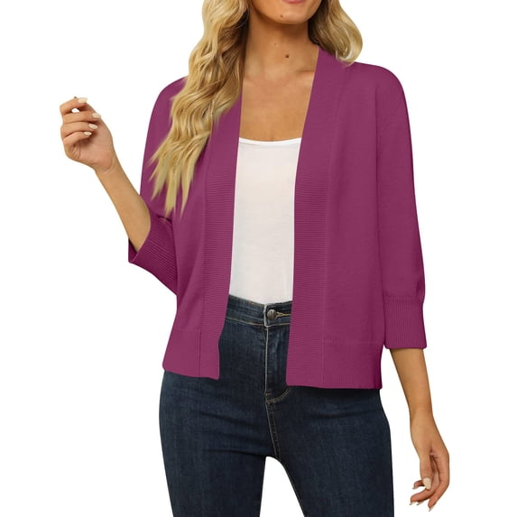 Mohiass Women's 3/4 Sleeve Cropped Cardigan Sweater Open Front Short Shrugs Cardigans Lightweight Sweaters Purple S