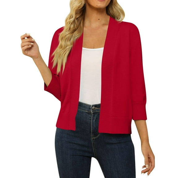 Mohiass Women's 3/4 Sleeve Cropped Cardigan Sweater Open Front Short Shrugs Cardigans Lightweight Sweaters Red L
