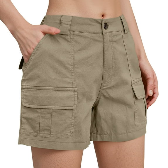 Mohiass Women's Bermuda Cargo Shorts Above The Knee Length Elastic Waist Summer Casual Trendy Solid Shorts with 6 Pockets Light Brown S