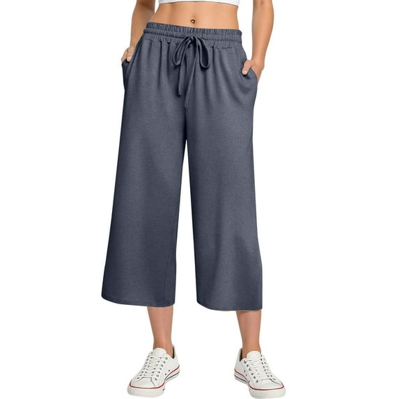 Mohiass Women's Capris Pull on High Waisted Lounge Wide Leg Capri Pants for Women Summer Yoga Womens Capris with Pockets Gray 2XL