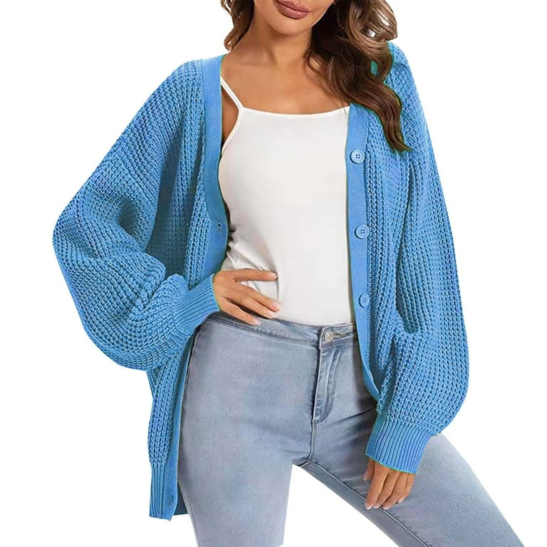 Mohiass Women s Cardigan Sweater 100 Cotton Button Down Long Sleeve Oversized Knit Cardigans Blue XL
