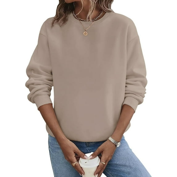 Mohiass Women's Casual Crewneck Sweatshirts Long Sleeve Tops Loose Fit Fall Fleece Lined Shirts Khaki M