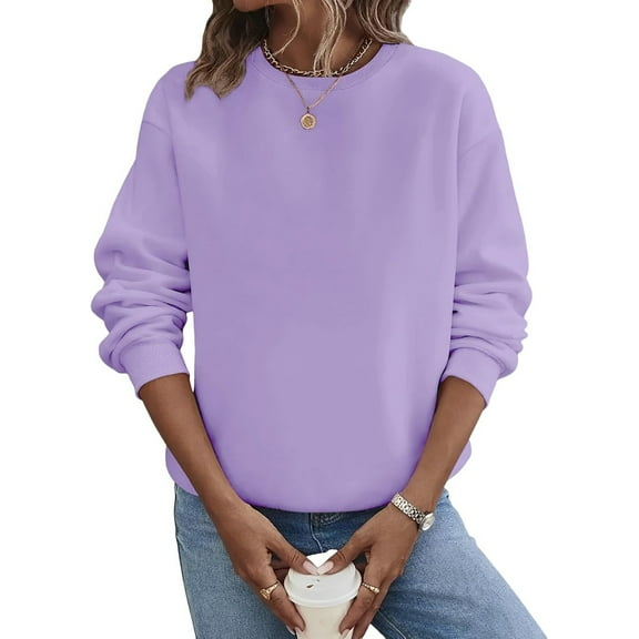 Mohiass Women's Casual Crewneck Sweatshirts Long Sleeve Tops Loose Fit Fall Fleece Lined Shirts Purple L