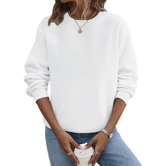 Mohiass Women's Casual Crewneck Sweatshirts Long Sleeve Tops Loose Fit Fall Fleece Lined Shirts White M