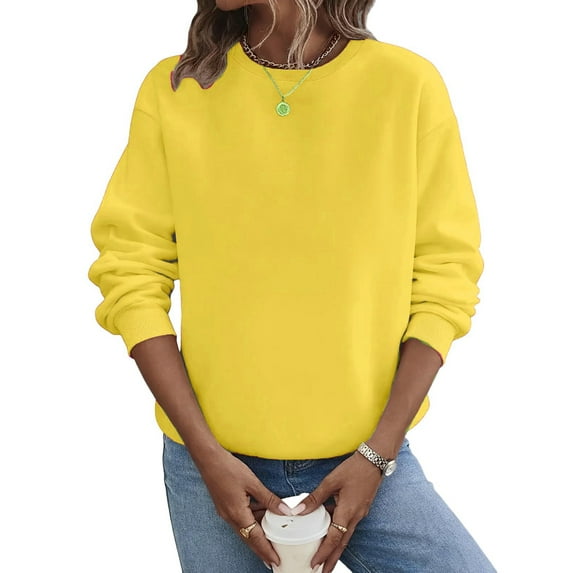 Mohiass Women's Casual Crewneck Sweatshirts Long Sleeve Tops Loose Fit Fall Fleece Lined Shirts Yellow M