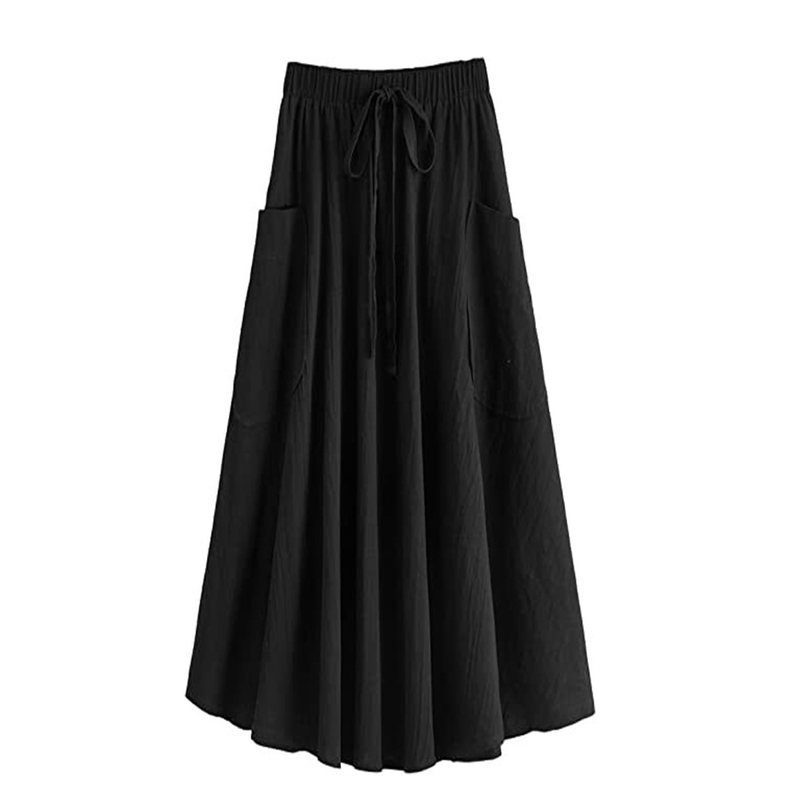 Mohiass Women s Casual High Waist Pleated A Line Midi Skirt with Pocket Black XXL
