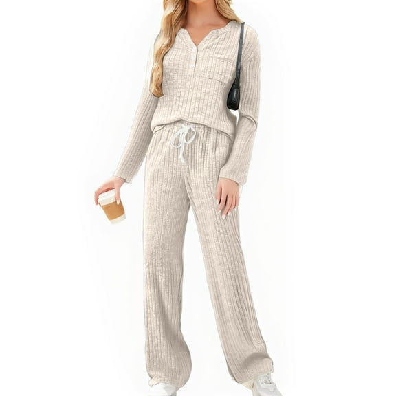Mohiass Women's Casual Loungewear Set Two Piece Knitted Top And Wide Leg Pants Comfortable Soft Pajama Outfit For Lounge Sleep Daily Activewear Set Beige M