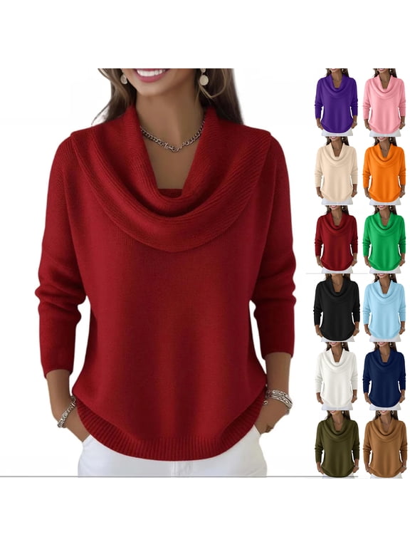 Women's Cowl Neck Sweater Lightweight Solid Color Long Sleeve Knit Pullover Jumper Tops Pink L