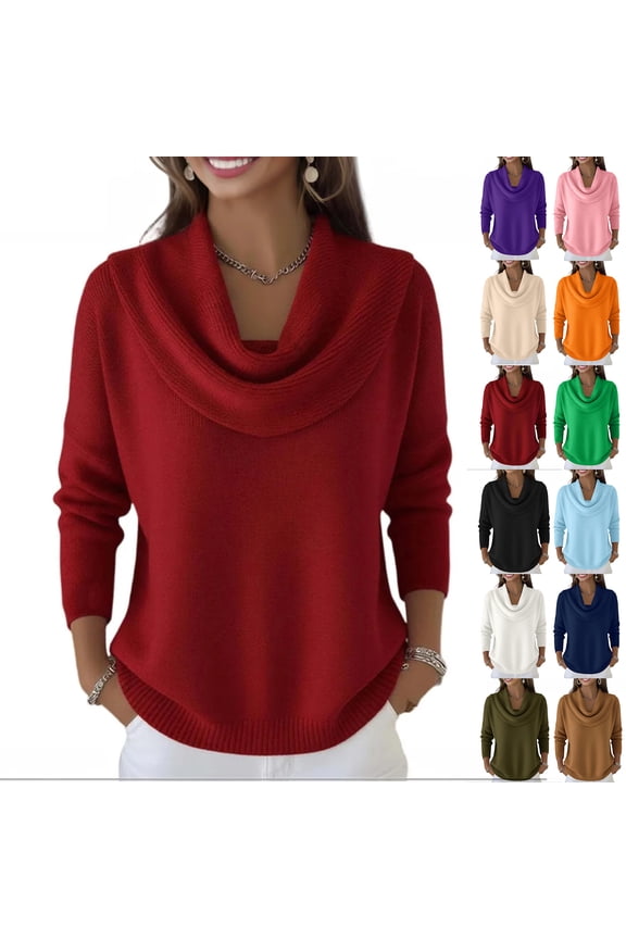 Women's Cowl Neck Sweater Lightweight Solid Color Long Sleeve Knit Pullover Jumper Tops Purple 2XL