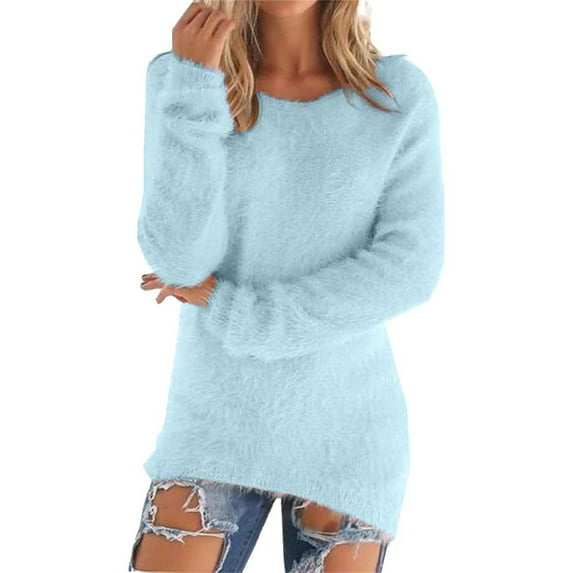 Mohiass Women's Fashionable Long Sleeve Pullovers Loose Fluffy Fuzzy Jumper Sweater Sky Blue L