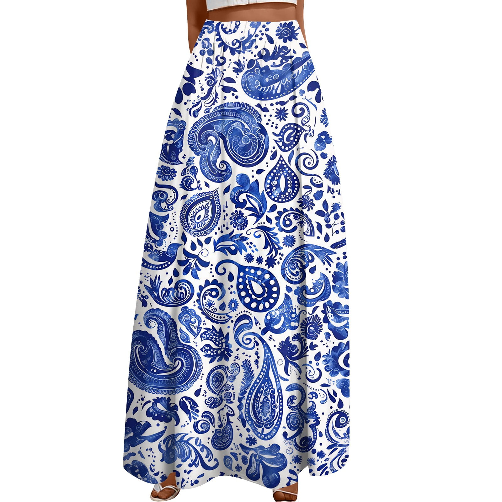 Mohiass Women s Flowy Maxi Skirt Pleated Elastic High Waisted Summer Skirts Floral Print A Line Swing Long Skirts with Pockets Blue S