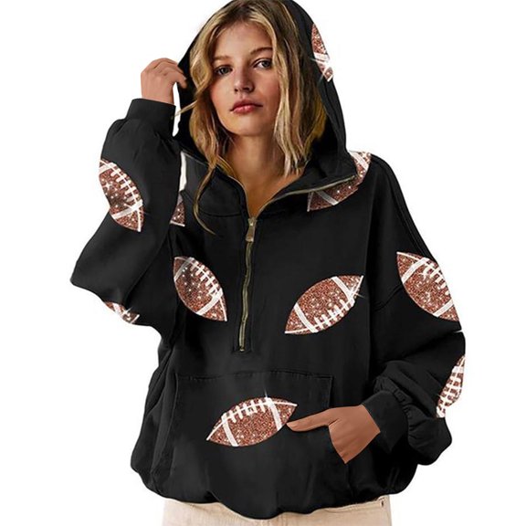 Mohiass Women's Game Day Sweatshirts Football Sequin Hoodies Half Zip Hooded Sweatshirt Crewneck Long Sleeve Pullover Tops Black 3XL