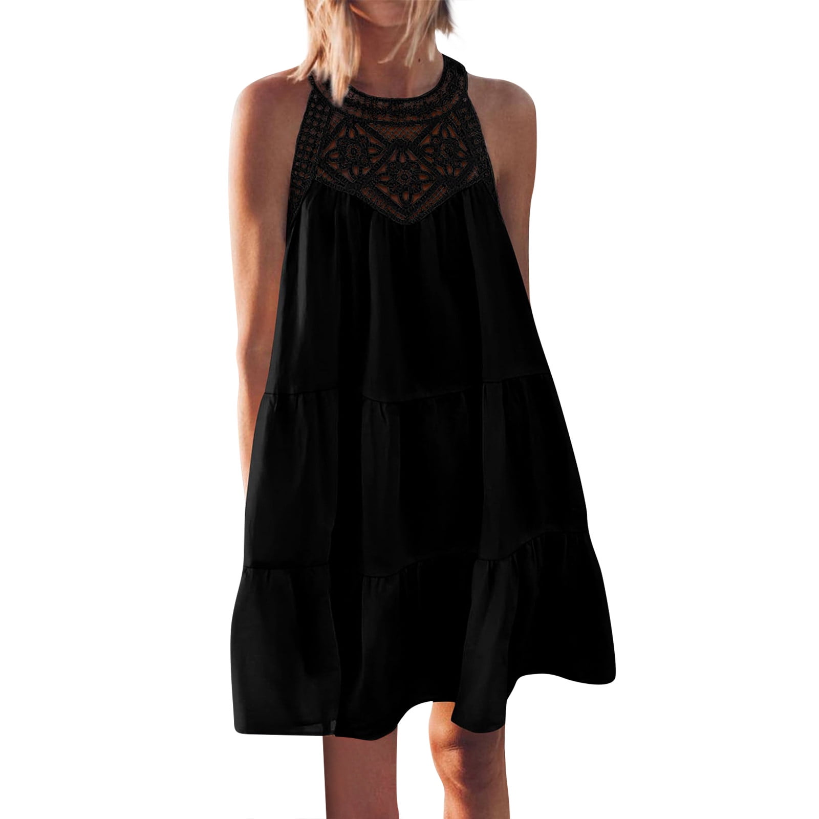 Mohiass Women s Halter A Line Tiered Swing Sundress Beach Vacation Mini Dress Sleeveless Summer Trendy Hollow Out Dresses Black L Walmart Business Supplies