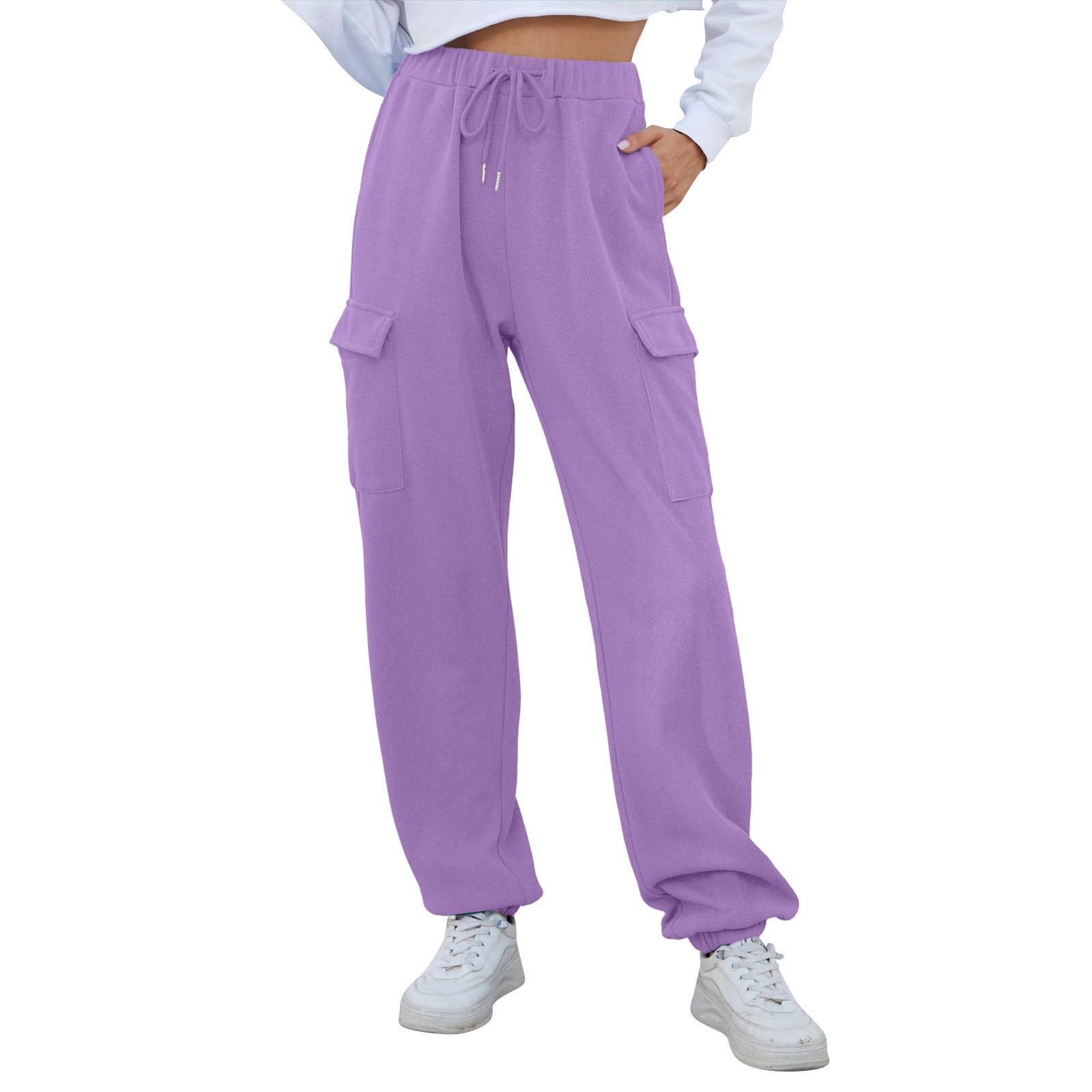 Mohiass Women s High Waisted Cargo Sweatpants Cotton Wide Leg Baggy Joggers Pants with Pockets Light Purple L