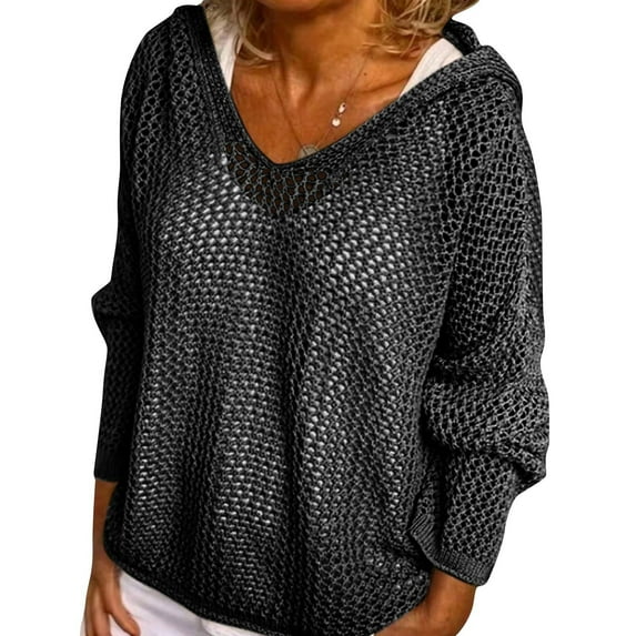 Mohiass Women's Hollow Out Crochet Sweater Long Sleeve Drop Shoulder Pullover Hoodie Knitwear Black L