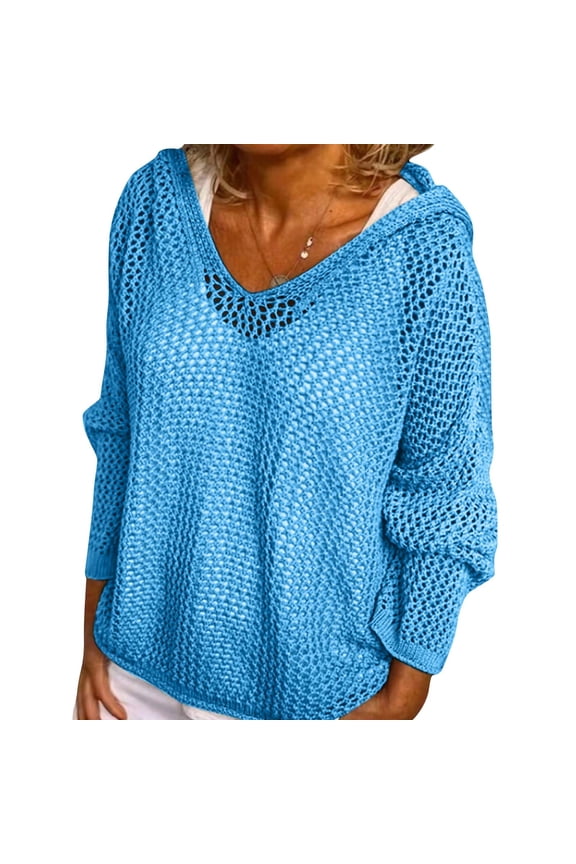 Women's Hollow Out Crochet Sweater Long Sleeve Drop Shoulder Pullover Hoodie Knitwear Blue L