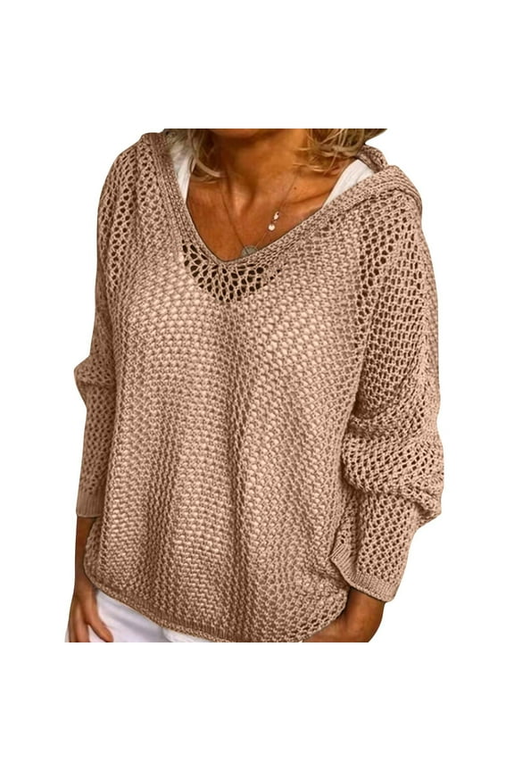Women's Hollow Out Crochet Sweater Long Sleeve Drop Shoulder Pullover Hoodie Knitwear Khaki S