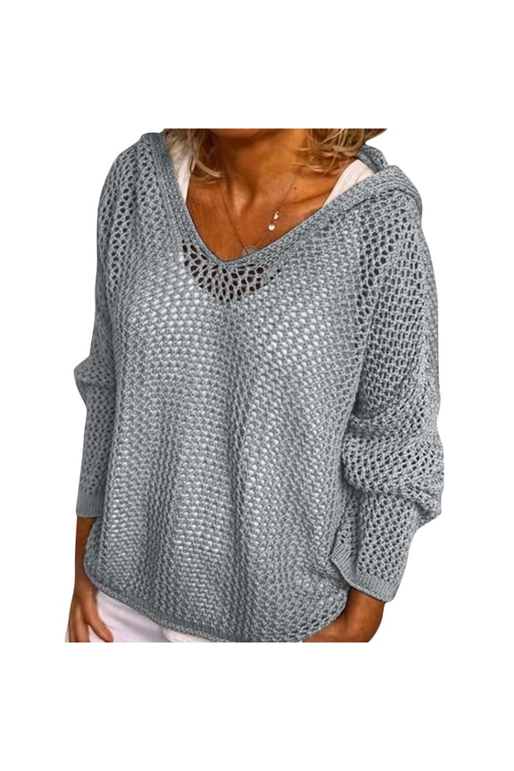 Women's Hollow Out Crochet Sweater Long Sleeve Drop Shoulder Pullover Hoodie Knitwear Light Gray M