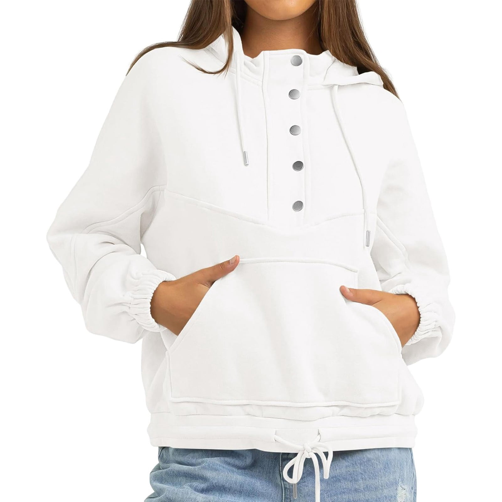 Mohiass Women's Hoodie Sweatshirts Long Sleeve Casual Fleece Half Button Drawstring Fall Pullover Tops White XS