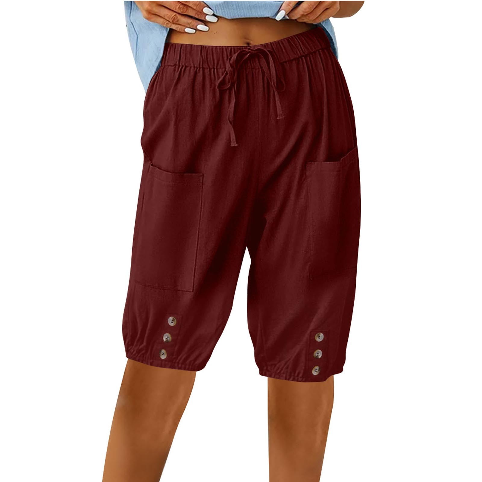 Mohiass Women's Knee Length Linen Shorts Elastic High Waisted Trousers