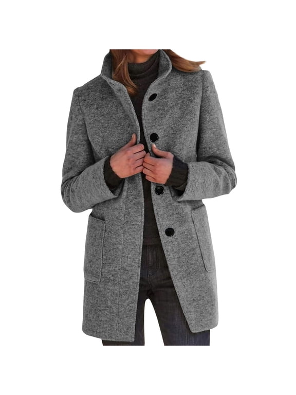 Women's Long Coats Casual Thicken Trench Coats Single Breasted Winter Pea Blazer Jacket Stand Collar Wool Blend Overcoat with Pockets Light Gray XL
