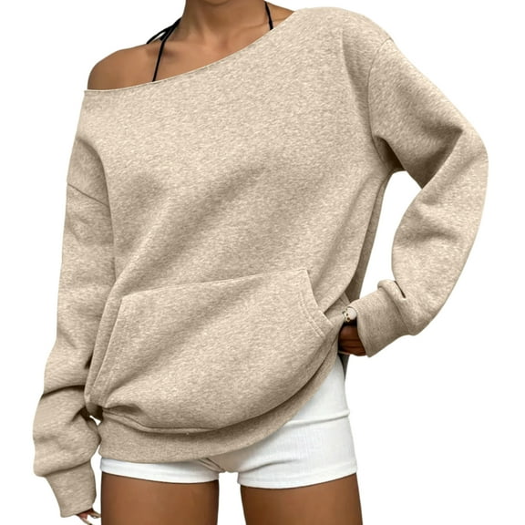 Mohiass Women's Off Shoulder Sweatshirt with Pocket Long Sleeve Crewneck Pullover Solid Color Casual Shirts Autumn Fashion Plus Size Tops Khaki M