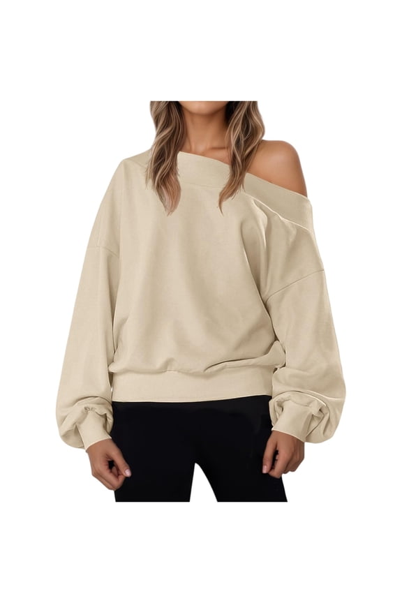 Women's Off The Shoulder Sweatshirt Casual Long Sleeve Loose Fit Fall Pullover Top Khaki L