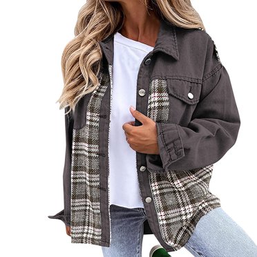 SOMTHRON Women's Oversized Denim Jacket - Plaid Patchwork Shacket Button-Down Long Sleeve