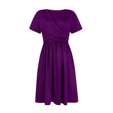 Mohiass Women's Short Sleeve V Neck Wrap Dress Summer Casual Solid Sundress with Pockets Dark Purple M