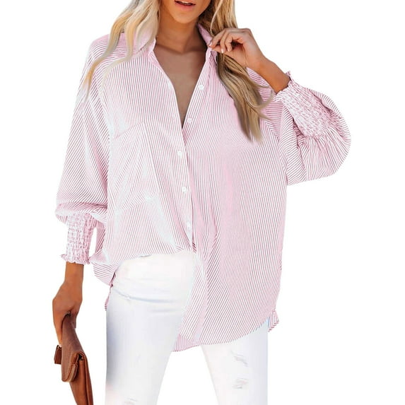 Mohiass Women's Smocked Cuffed Striped Boyfriend Shirt with Pocket Casual Collar Long Sleeve Blouse Tops for Pocket Shirred Pink XL