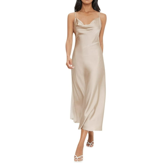 Mohiass Women's Spaghetti Strap Midi Satin Silk Dresses Slip Cowl Neck Party Cocktail Evening Dress Beige S