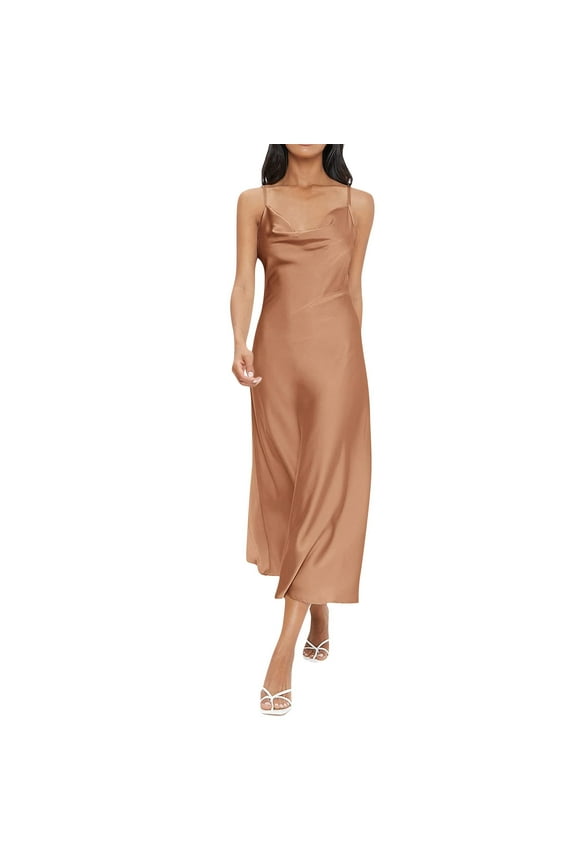Women's Spaghetti Strap Midi Satin Silk Dresses Slip Cowl Neck Party Cocktail Evening Dress Khaki L