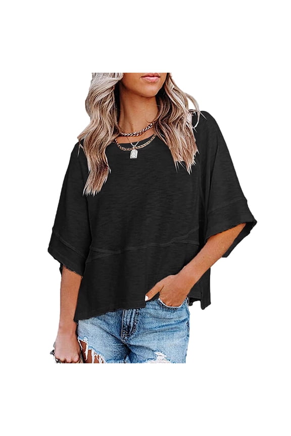 Women's Summer Casual Crewneck Batwing Half Sleeve T-Shirts Solid Color Loose Fit Cute Basic Flowy Tops Tees Blouses Black L
