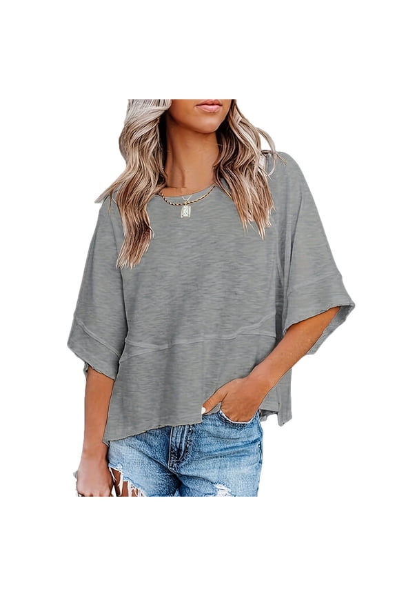 Women's Summer Casual Crewneck Batwing Half Sleeve T-Shirts Solid Color Loose Fit Cute Basic Flowy Tops Tees Blouses Gray L
