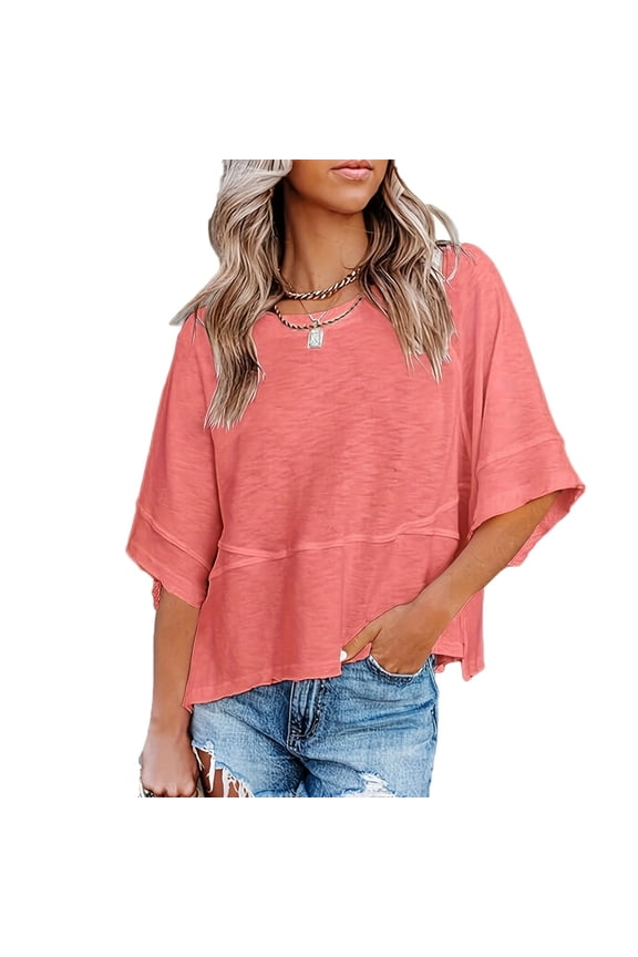 Women's Summer Casual Crewneck Batwing Half Sleeve T-Shirts Solid Color Loose Fit Cute Basic Flowy Tops Tees Blouses Pink XL