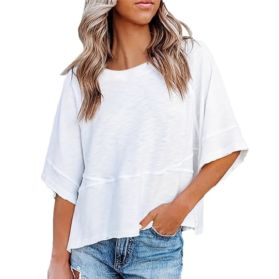 Mohiass Women's Summer Casual Crewneck Batwing Half Sleeve T-Shirts Solid Color Loose Fit Cute Basic Flowy Tops Tees Blouses White XL