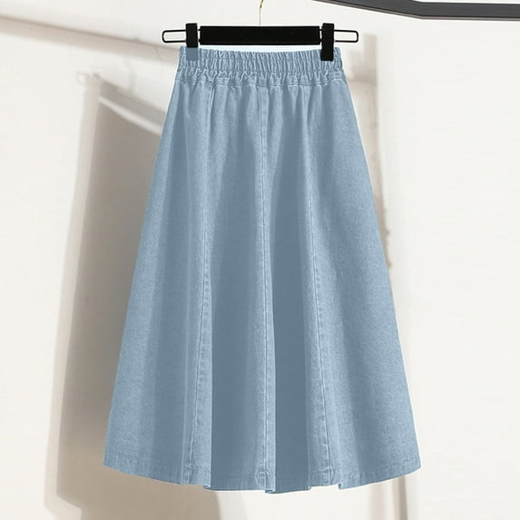 Mohiass Women's Summer Casual Elastic Waist Button Front Work Midi Denim A Line Skirt Light Blue 3XL