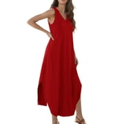 Mohiass Women's Summer Casual Loose Sundress Long Dress Sleeveless V Neck Split Tshirt Maxi Dresses Red XL