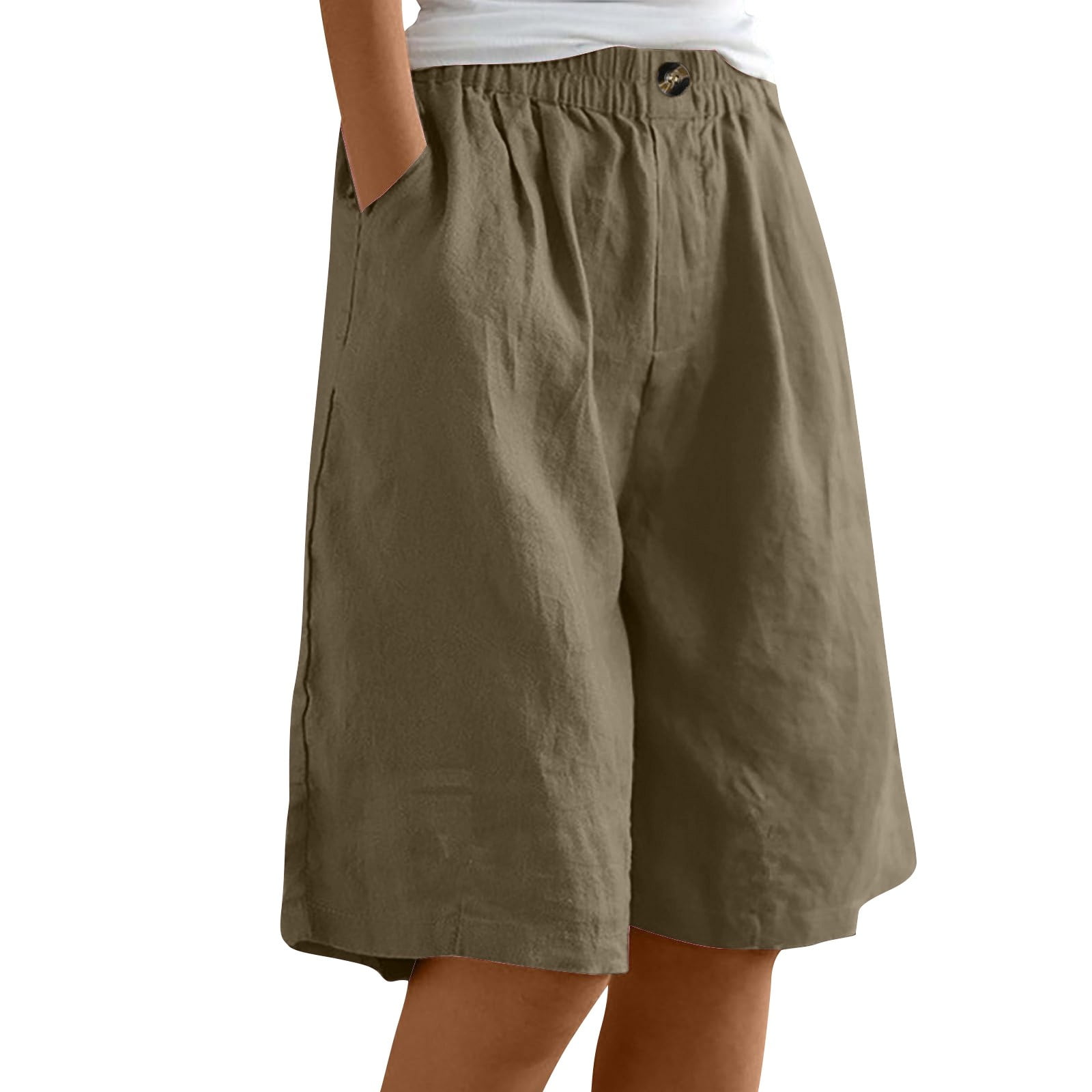 Mohiass Women's Summer Cotton Linen Bermuda Shorts Loose-Fit Elastic Waist Knee Length Cosy Shorts Casual Beach Shorts with Pockets Brown L