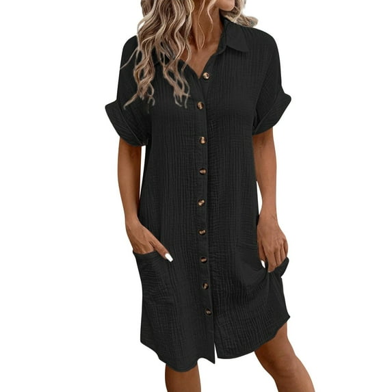 Mohiass Women's Summer Cotton Shirt Dress Short Sleeves Button Down Knee Length Dresses Casual Loose Mini Dress with Pockets Black 2XL