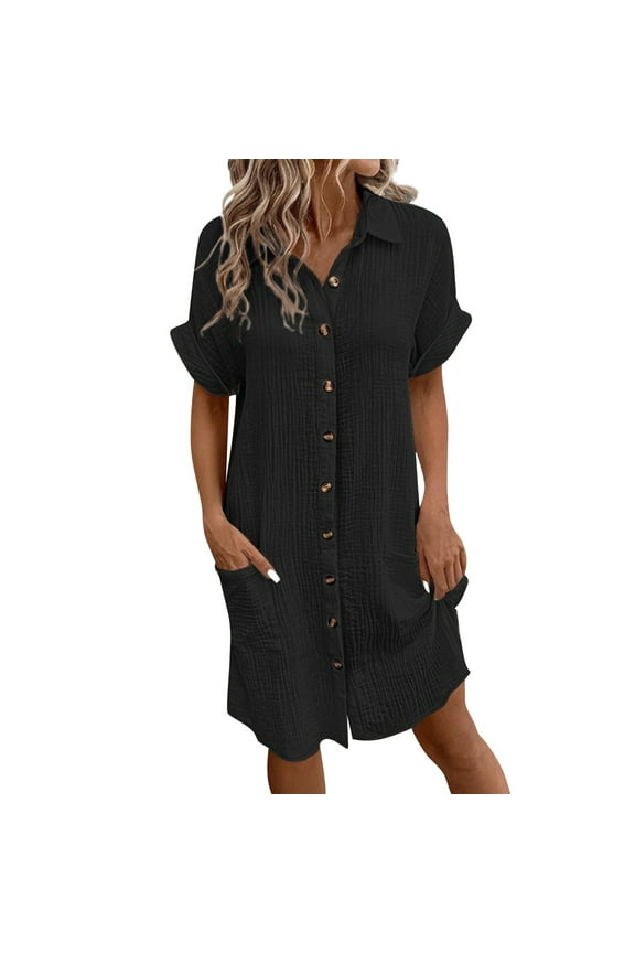 Women's Summer Cotton Shirt Dress Short Sleeves Button Down Knee Length Dresses Casual Loose Mini Dress with Pockets Black 2XL