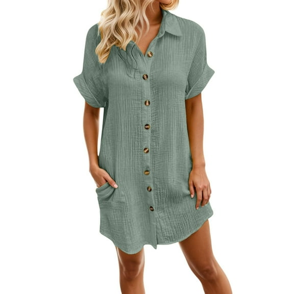 Mohiass Women's Summer Cotton Shirt Dress Short Sleeves Button Down Knee Length Dresses Casual Loose Mini Dress with Pockets Dark Green S