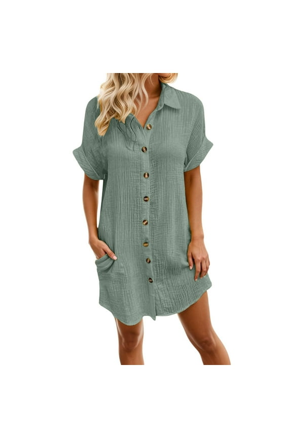 Women's Summer Cotton Shirt Dress Short Sleeves Button Down Knee Length Dresses Casual Loose Mini Dress with Pockets Dark Green XL