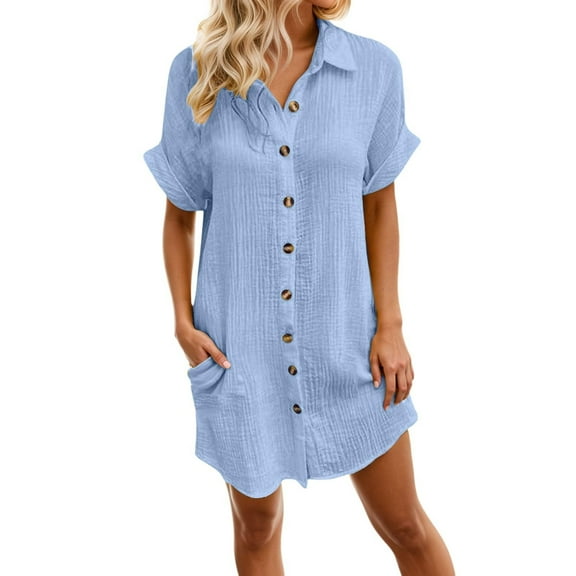 Mohiass Women's Summer Cotton Shirt Dress Short Sleeves Button Down Knee Length Dresses Casual Loose Mini Dress with Pockets Light Blue M