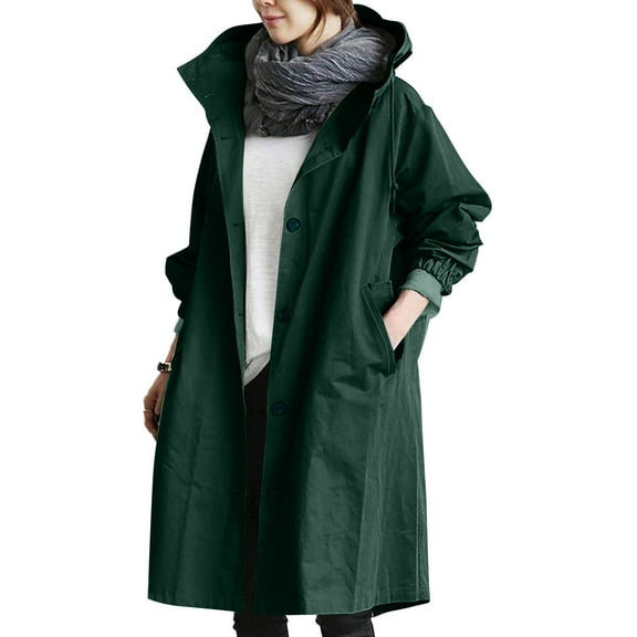 Mohiass Women's Trench Jackets 2025 Rain Jacket Loose Winter Hooded Oversized Elegant Windbreaker Comfortable Coat Outwear Dark Green M