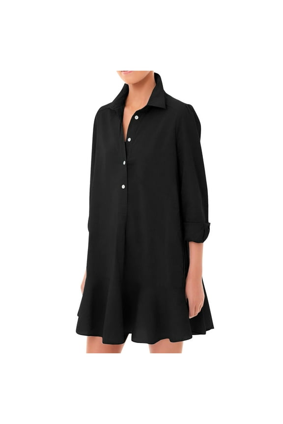 Women's Tunic Mini Shirt Dress Cotton Long Sleeve Ruffle Hem Dress Button Up Shift Chambray Dresses Black L