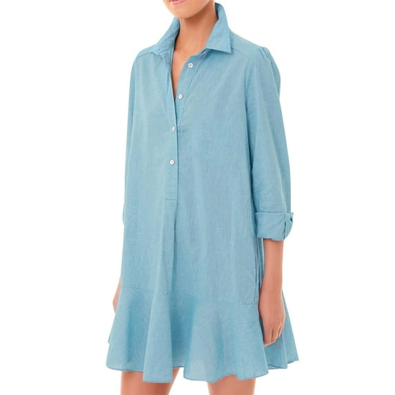 Mohiass Women's Tunic Mini Shirt Dress Cotton Long Sleeve Ruffle Hem Dress Button Up Shift Chambray Dresses Blue M