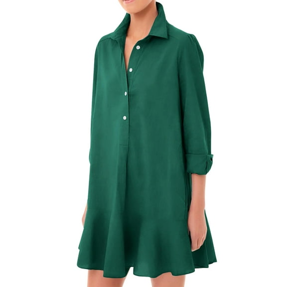 Mohiass Women's Tunic Mini Shirt Dress Cotton Long Sleeve Ruffle Hem Dress Button Up Shift Chambray Dresses Dark Green L